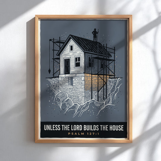 Poster featuring a house under construction on a stone foundation with scripture text overlay.