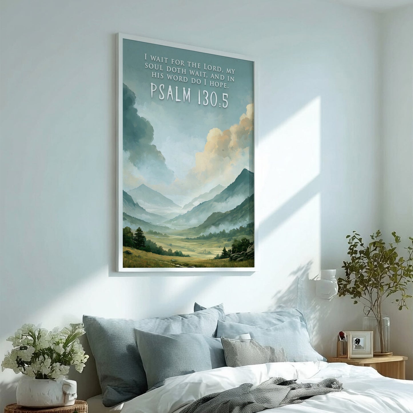 Poster featuring a misty mountain landscape with Psalm 130:5 scripture text in white