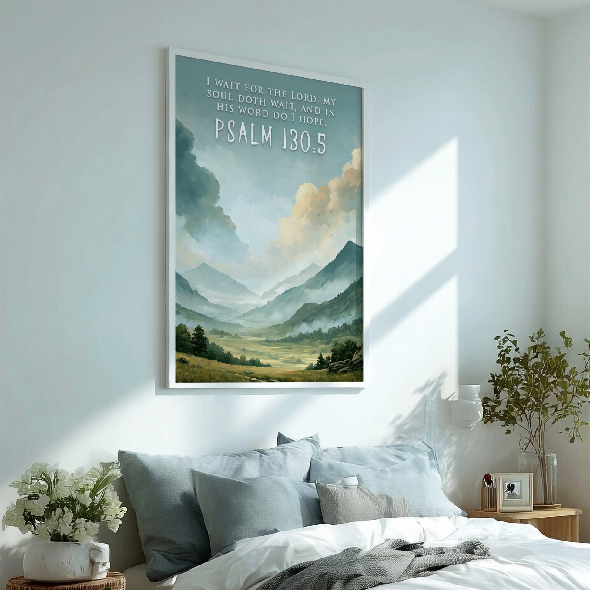 Poster featuring a misty mountain landscape with Psalm 130:5 scripture text in white