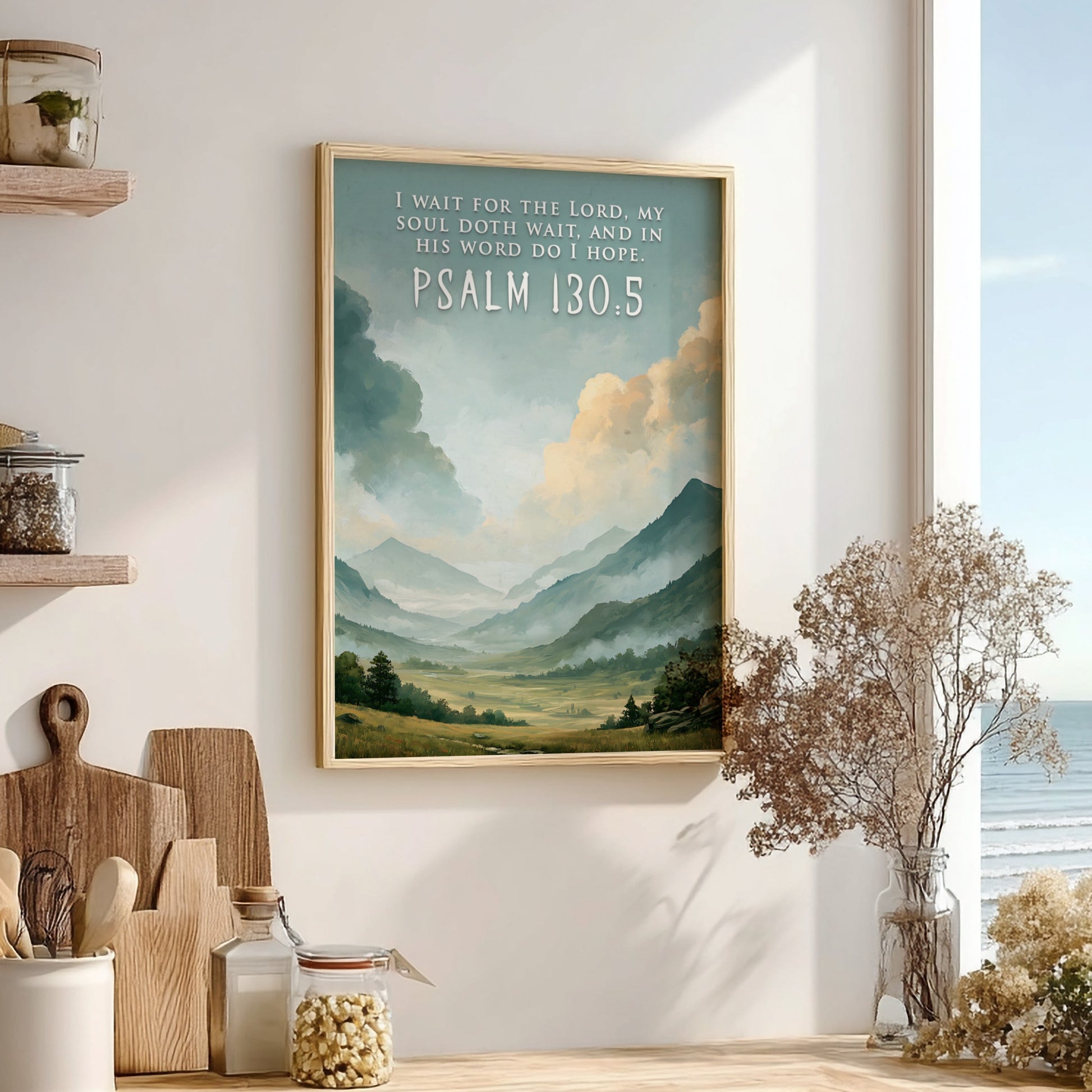 Poster featuring a misty mountain landscape with Psalm 130:5 scripture text in white