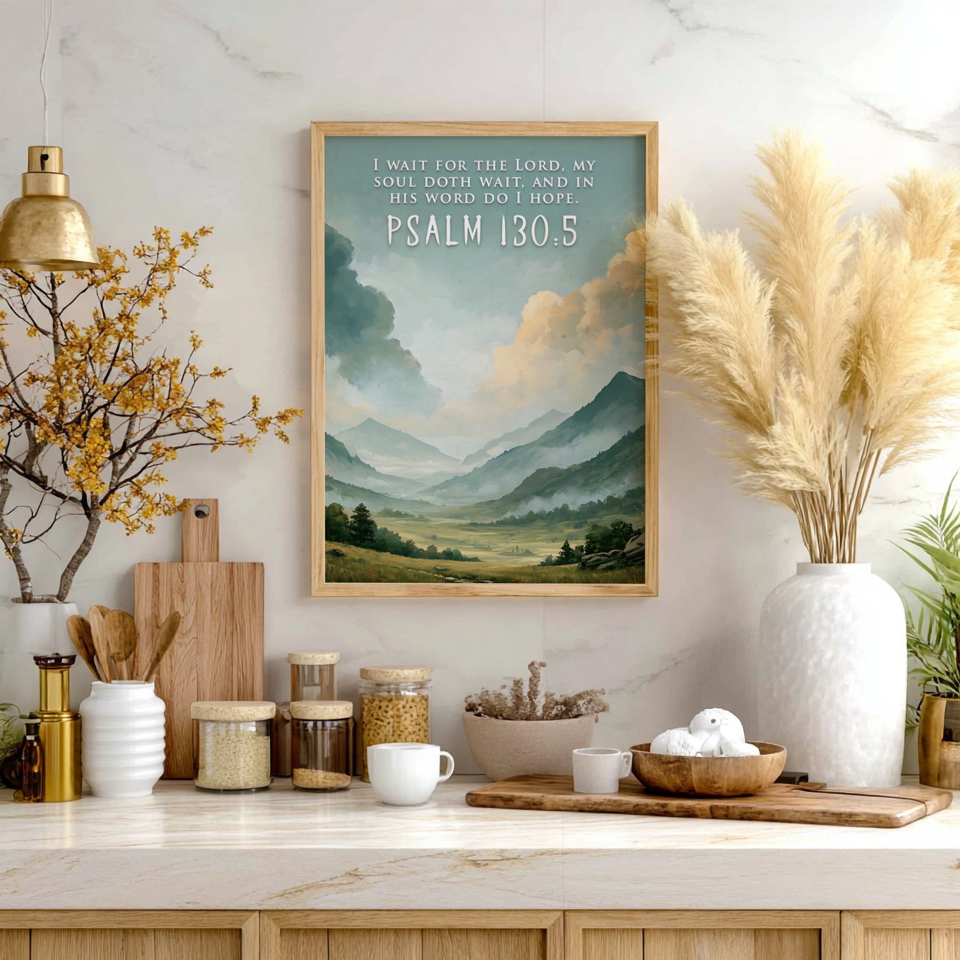 Poster featuring a misty mountain landscape with Psalm 130:5 scripture text in white