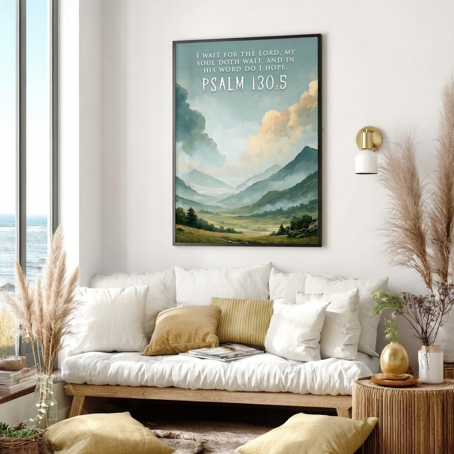 Poster featuring a misty mountain landscape with Psalm 130:5 scripture text in white