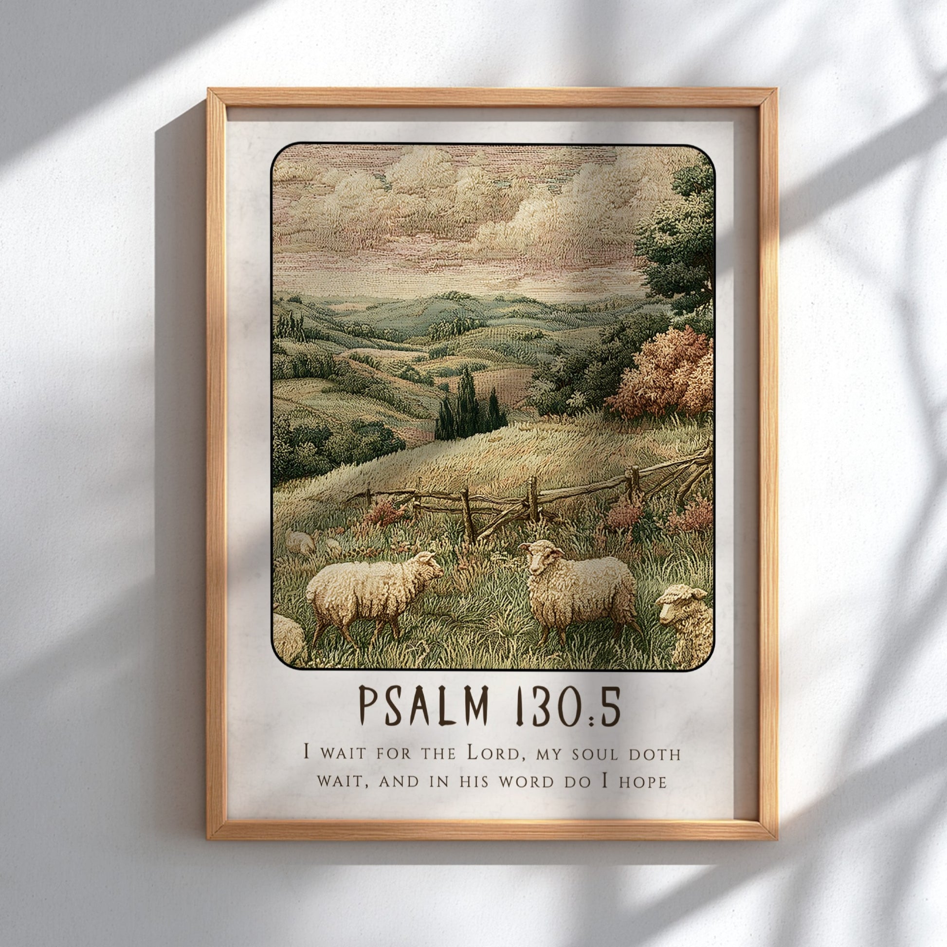 Psalm 130:5 poster featuring a tranquil landscape with sheep, warm colors, and religious themes.