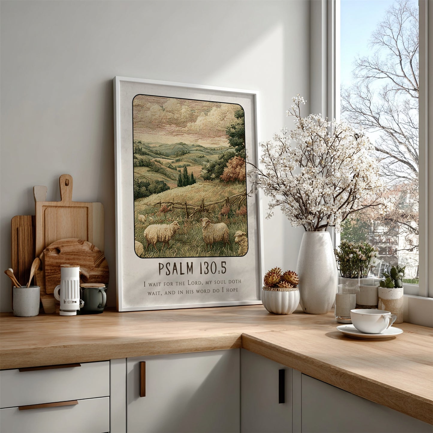 Psalm 130:5 poster featuring a tranquil landscape with sheep, warm colors, and religious themes.