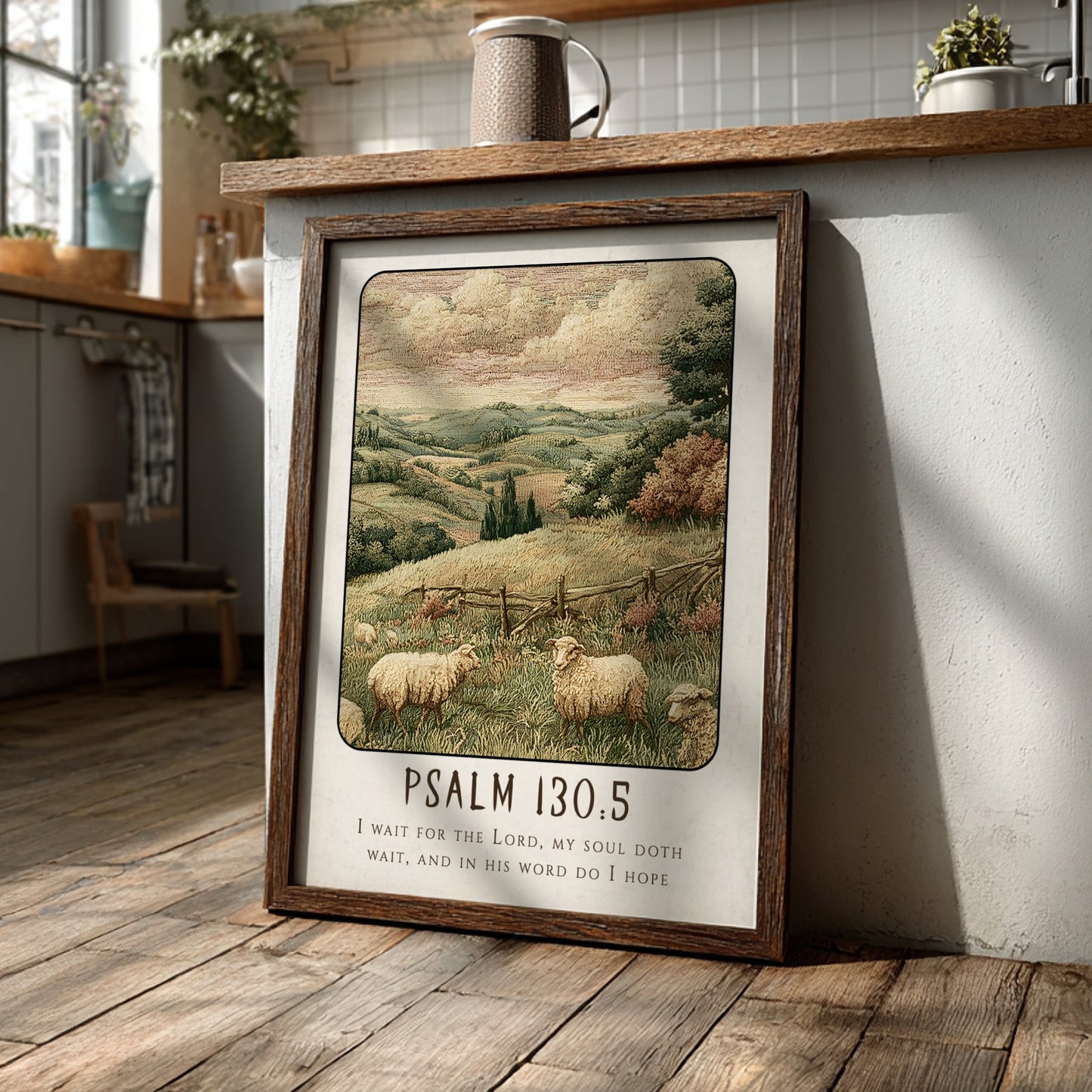 Psalm 130:5 poster featuring a tranquil landscape with sheep, warm colors, and religious themes.