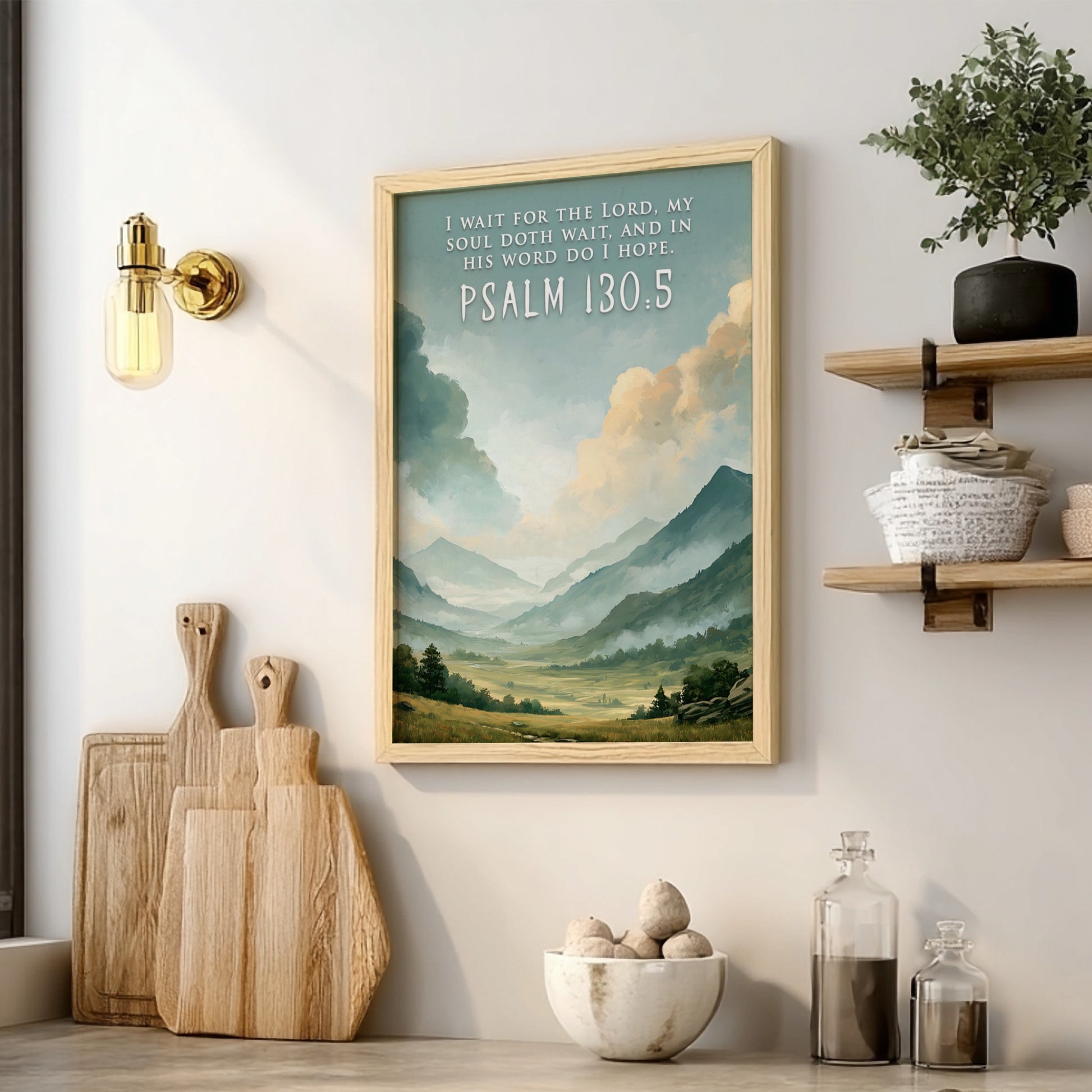 Poster featuring a misty mountain landscape with Psalm 130:5 scripture text in white