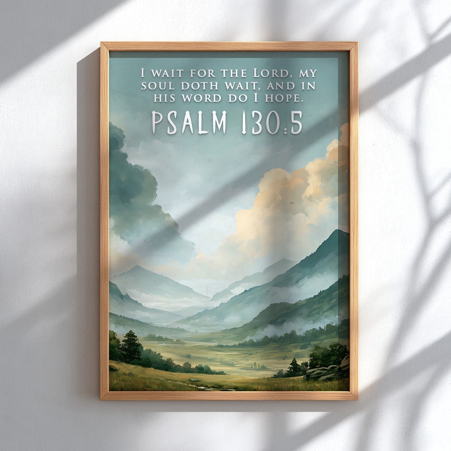 Poster featuring a misty mountain landscape with Psalm 130:5 scripture text in white