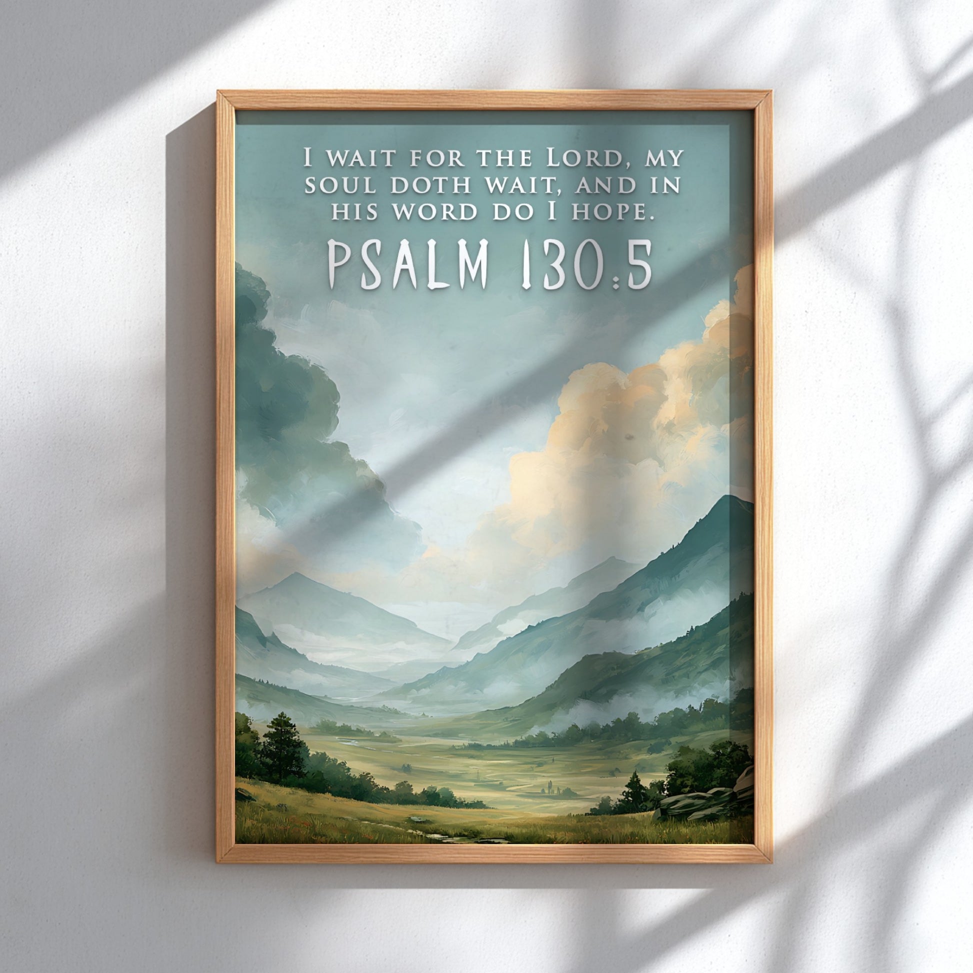 Poster featuring a misty mountain landscape with Psalm 130:5 scripture text in white