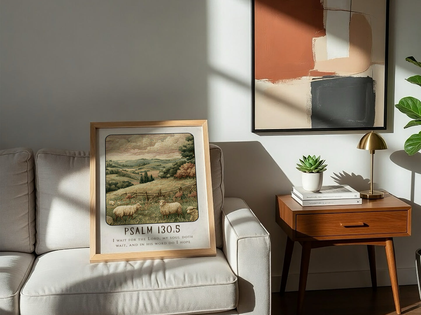 Psalm 130:5 poster featuring a tranquil landscape with sheep, warm colors, and religious themes.