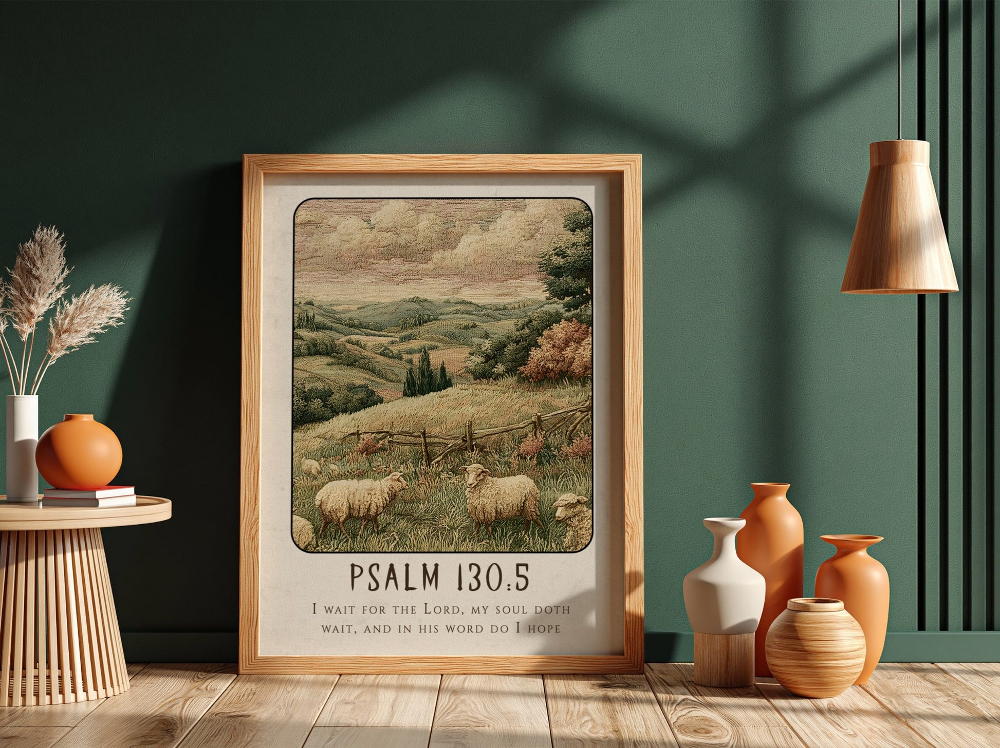 Psalm 130:5 poster featuring a tranquil landscape with sheep, warm colors, and religious themes.