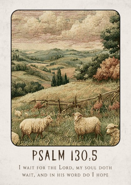 Psalm 130:5 poster featuring a tranquil landscape with sheep, warm colors, and religious themes.