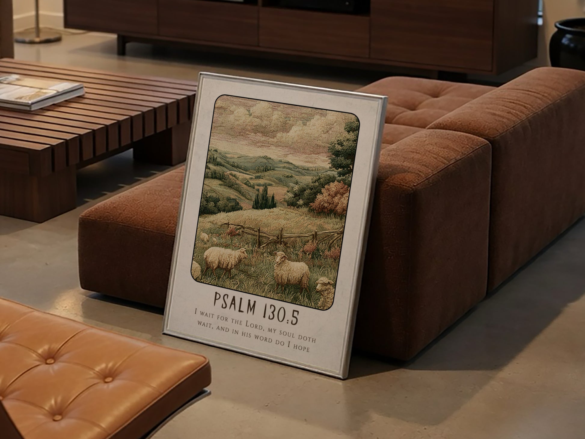 Psalm 130:5 poster featuring a tranquil landscape with sheep, warm colors, and religious themes.