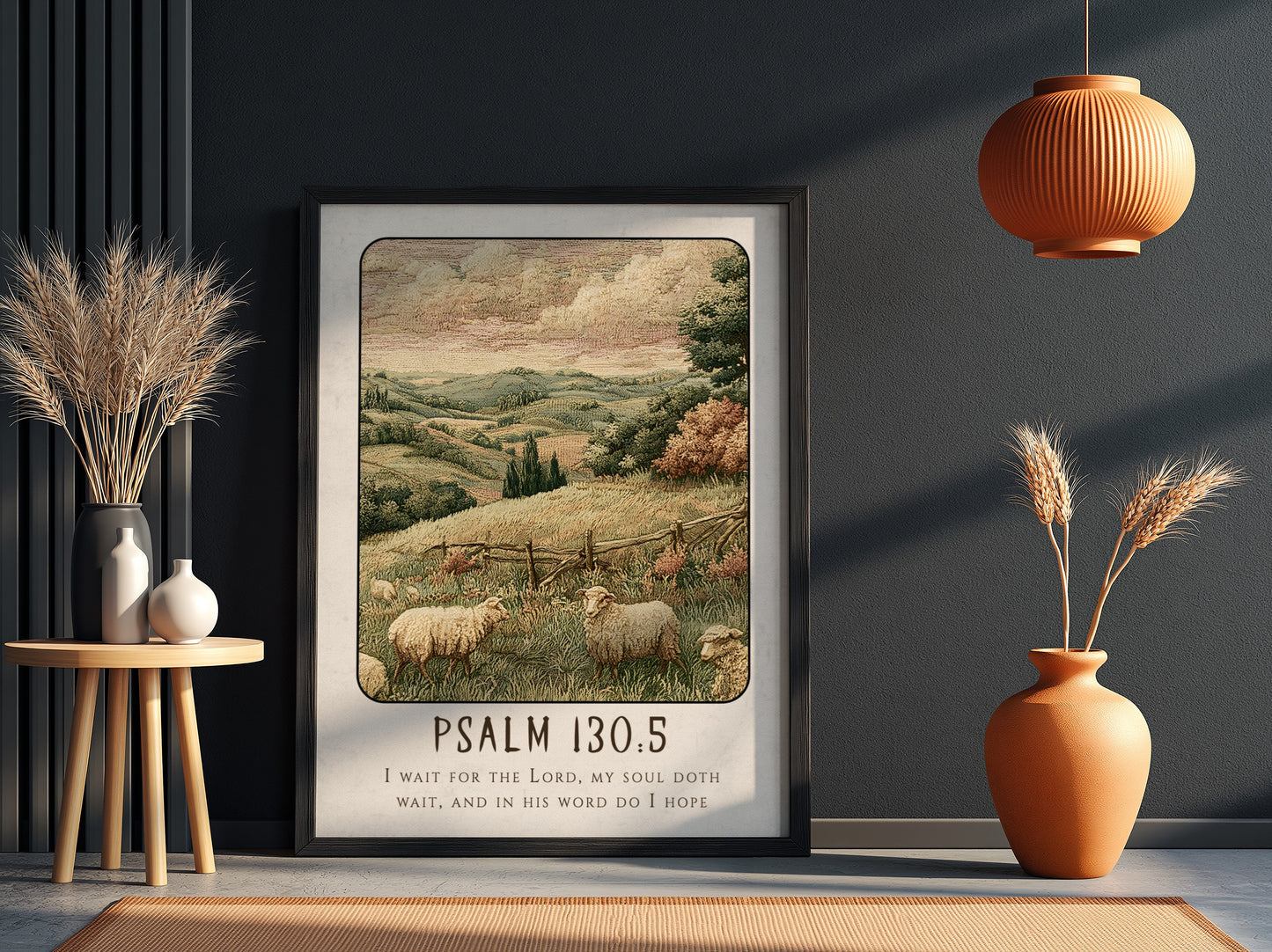 Psalm 130:5 poster featuring a tranquil landscape with sheep, warm colors, and religious themes.