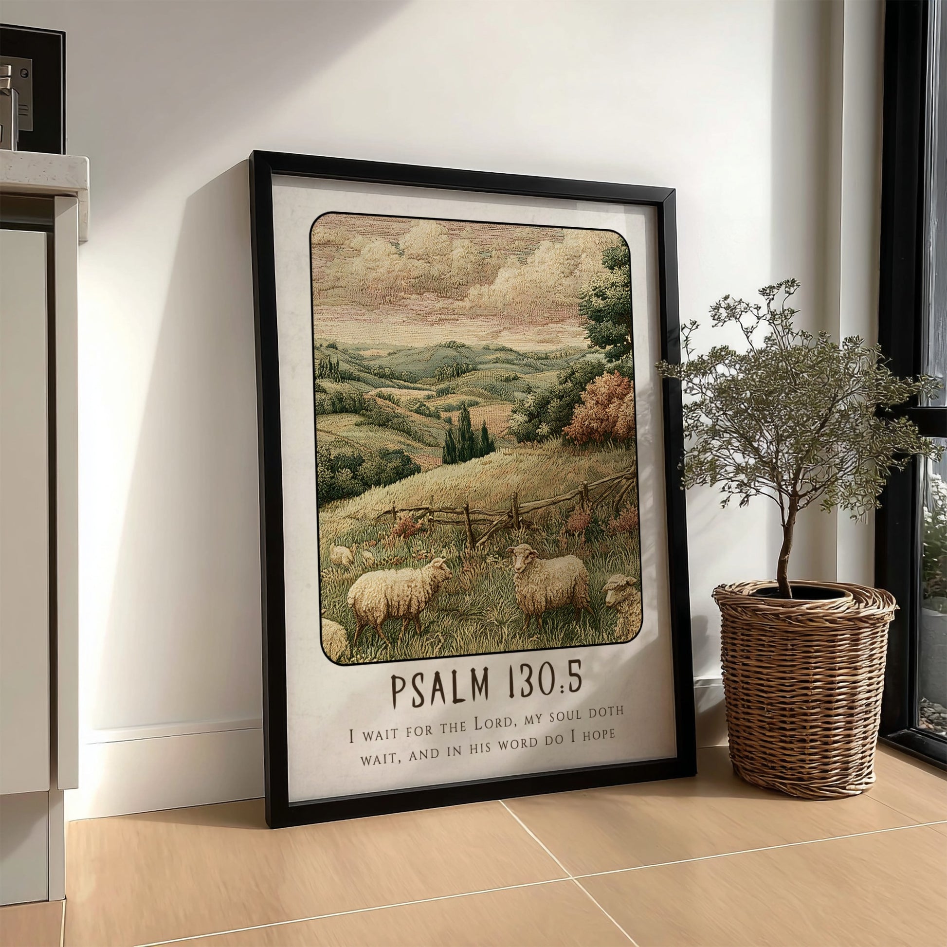 Psalm 130:5 poster featuring a tranquil landscape with sheep, warm colors, and religious themes.