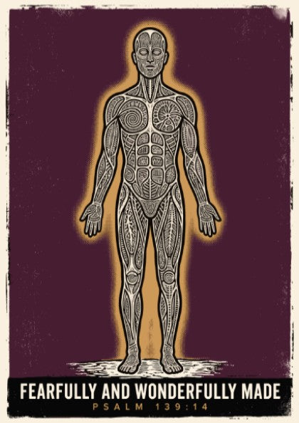 Poster featuring an intricate human anatomy illustration with golden glow on purple background.