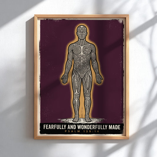 Poster featuring an intricate human anatomy illustration with golden glow on purple background.