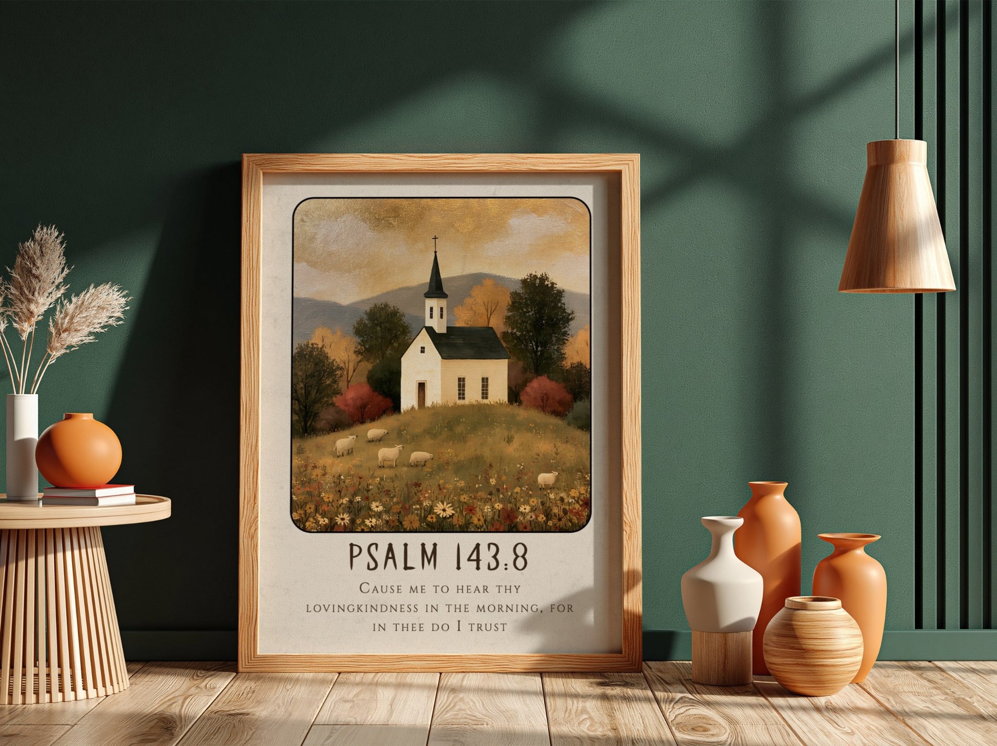 Psalm 143:8 poster featuring a white church in a warm autumn landscape, perfect for Christian wall art.