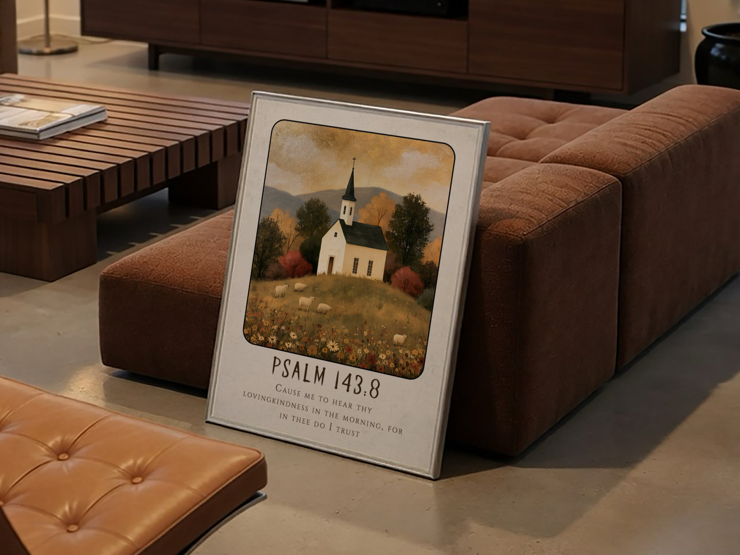 Psalm 143:8 poster featuring a white church in a warm autumn landscape, perfect for Christian wall art.