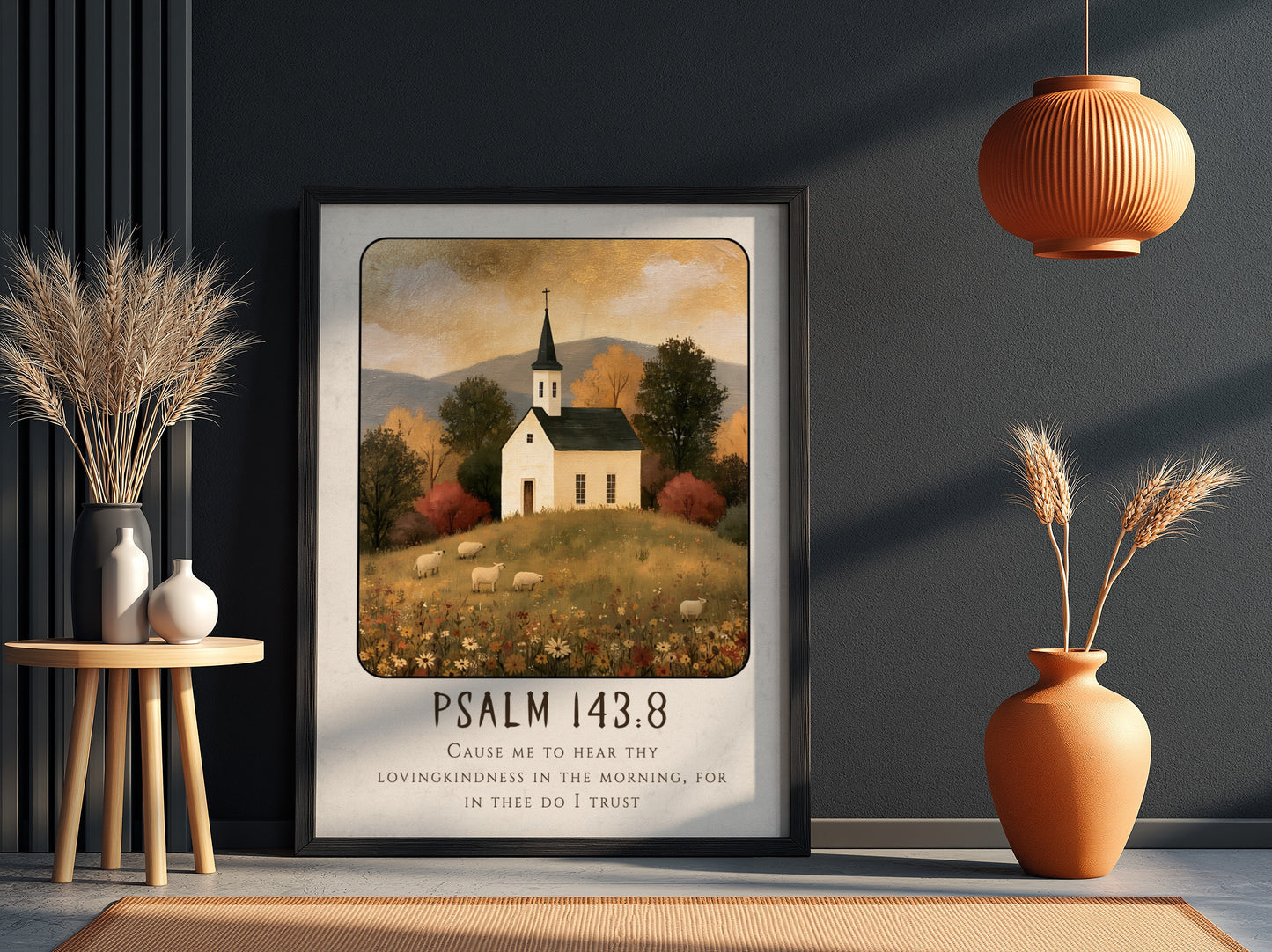 Psalm 143:8 poster featuring a white church in a warm autumn landscape, perfect for Christian wall art.