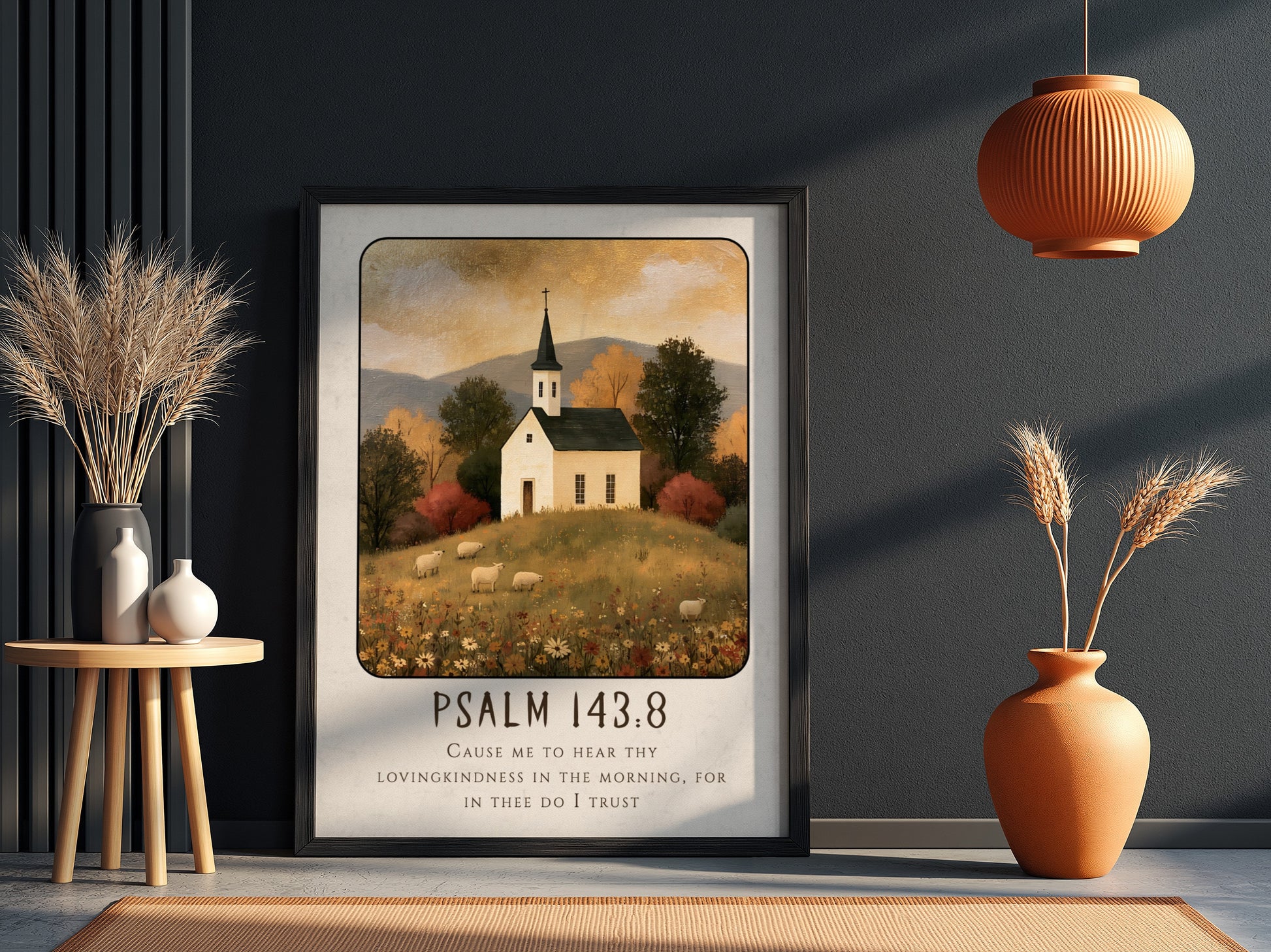 Psalm 143:8 poster featuring a white church in a warm autumn landscape, perfect for Christian wall art.