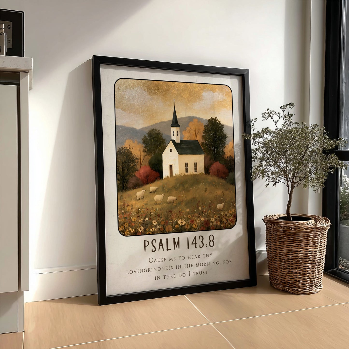Psalm 143:8 poster featuring a white church in a warm autumn landscape, perfect for Christian wall art.