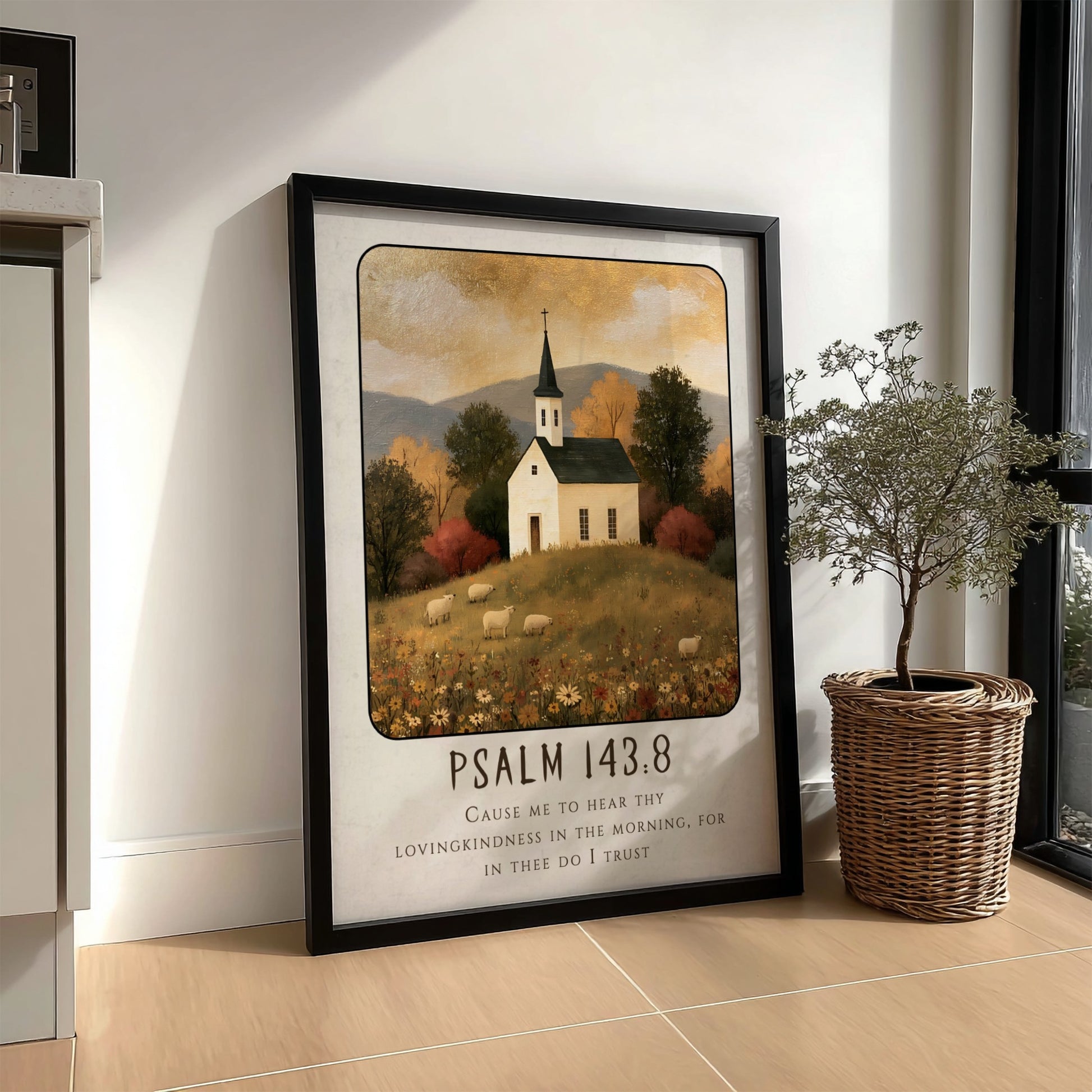 Psalm 143:8 poster featuring a white church in a warm autumn landscape, perfect for Christian wall art.