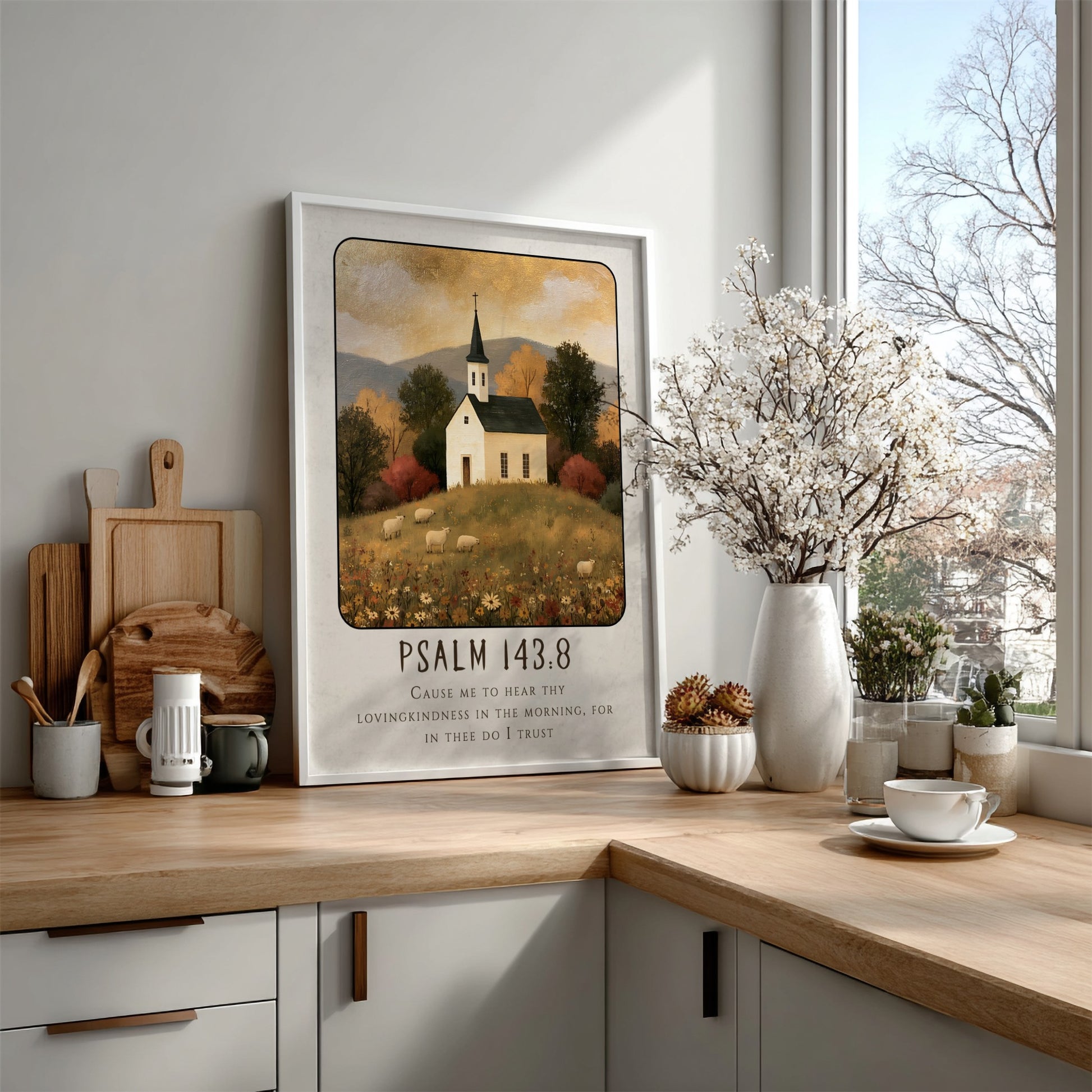 Psalm 143:8 poster featuring a white church in a warm autumn landscape, perfect for Christian wall art.