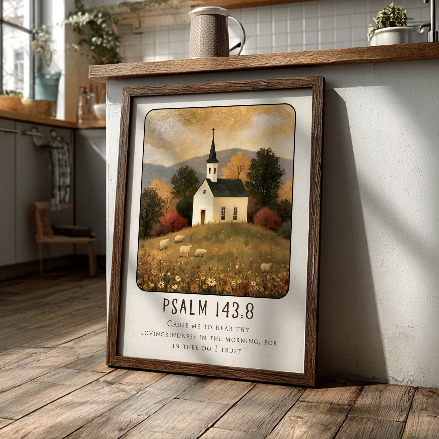 Psalm 143:8 poster featuring a white church in a warm autumn landscape, perfect for Christian wall art.