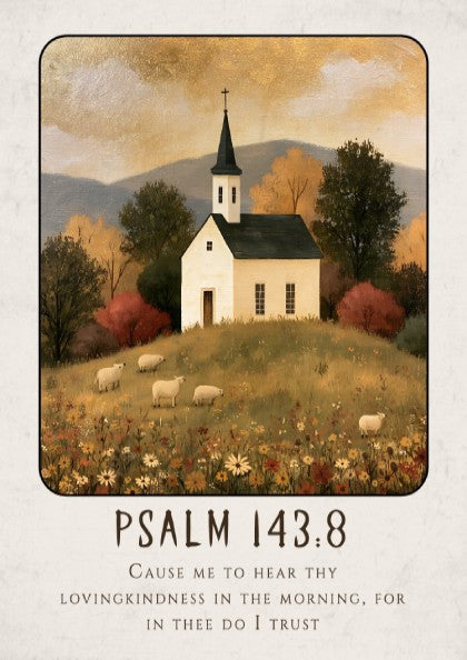 Psalm 143:8 poster featuring a white church in a warm autumn landscape, perfect for Christian wall art.