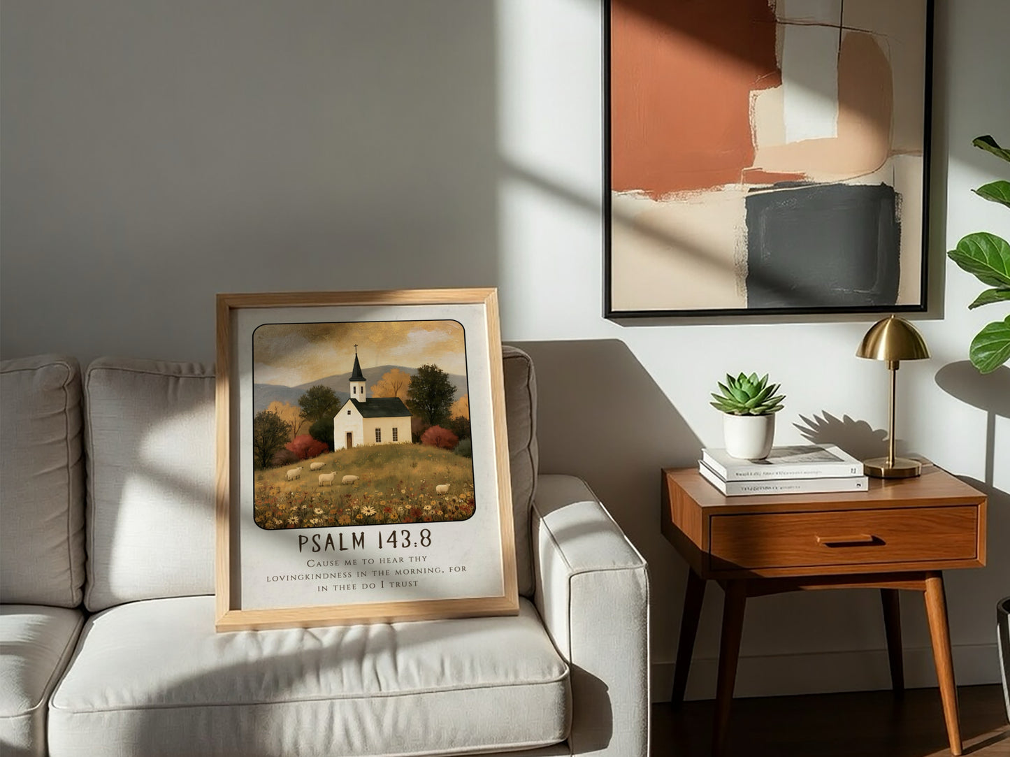 Psalm 143:8 poster featuring a white church in a warm autumn landscape, perfect for Christian wall art.