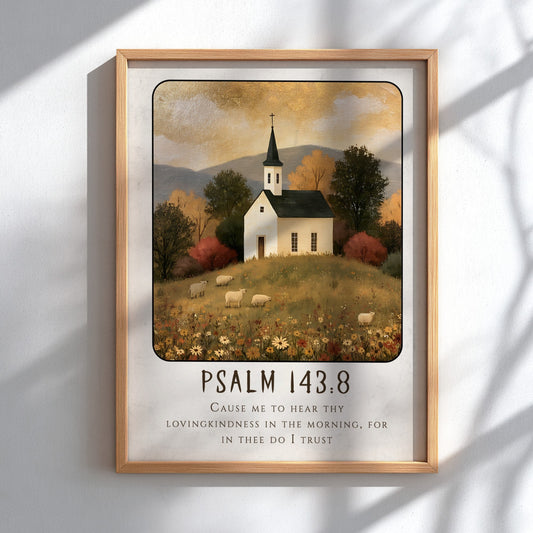 Psalm 143:8 poster featuring a white church in a warm autumn landscape, perfect for Christian wall art.