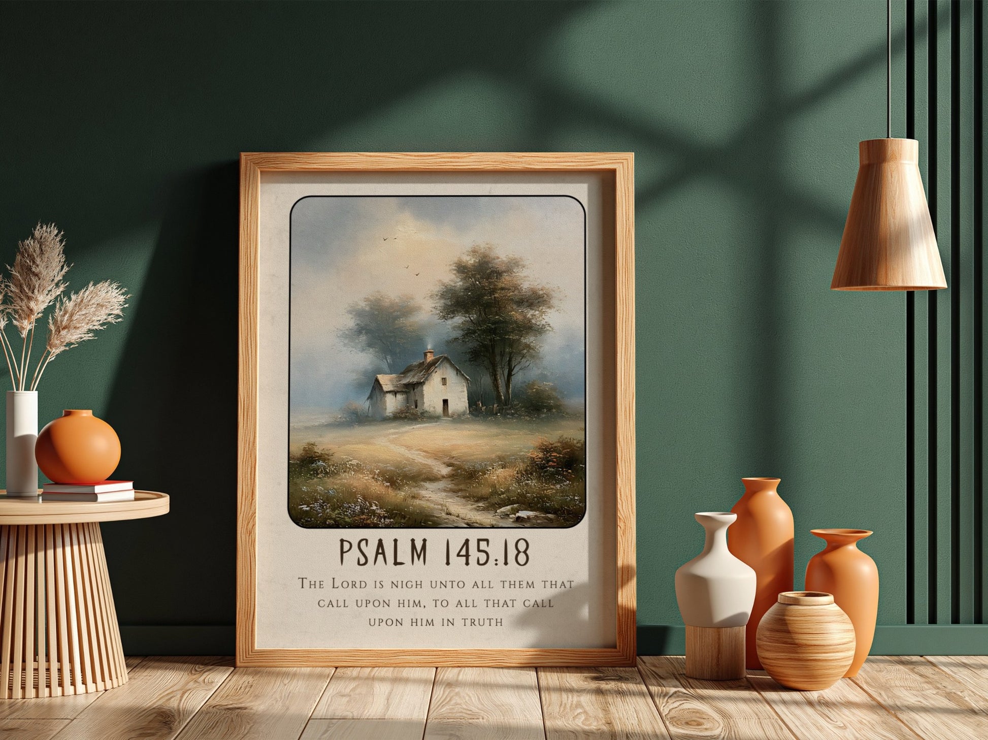 Psalm 145:18 poster featuring a tranquil countryside scene in soft colors, perfect for inspirational wall