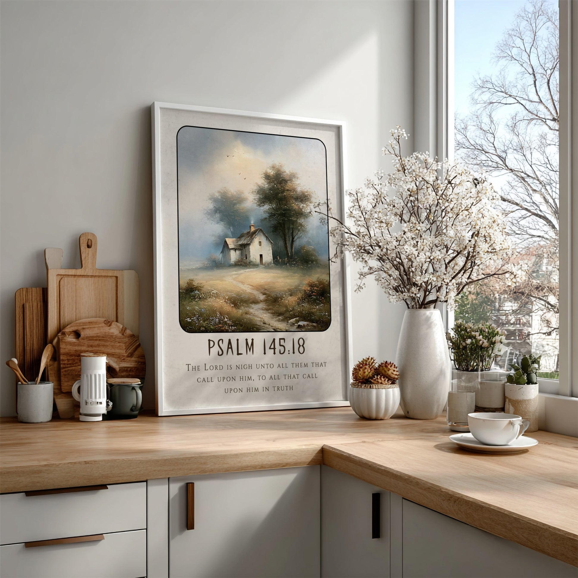 Psalm 145:18 poster featuring a tranquil countryside scene in soft colors, perfect for inspirational wall