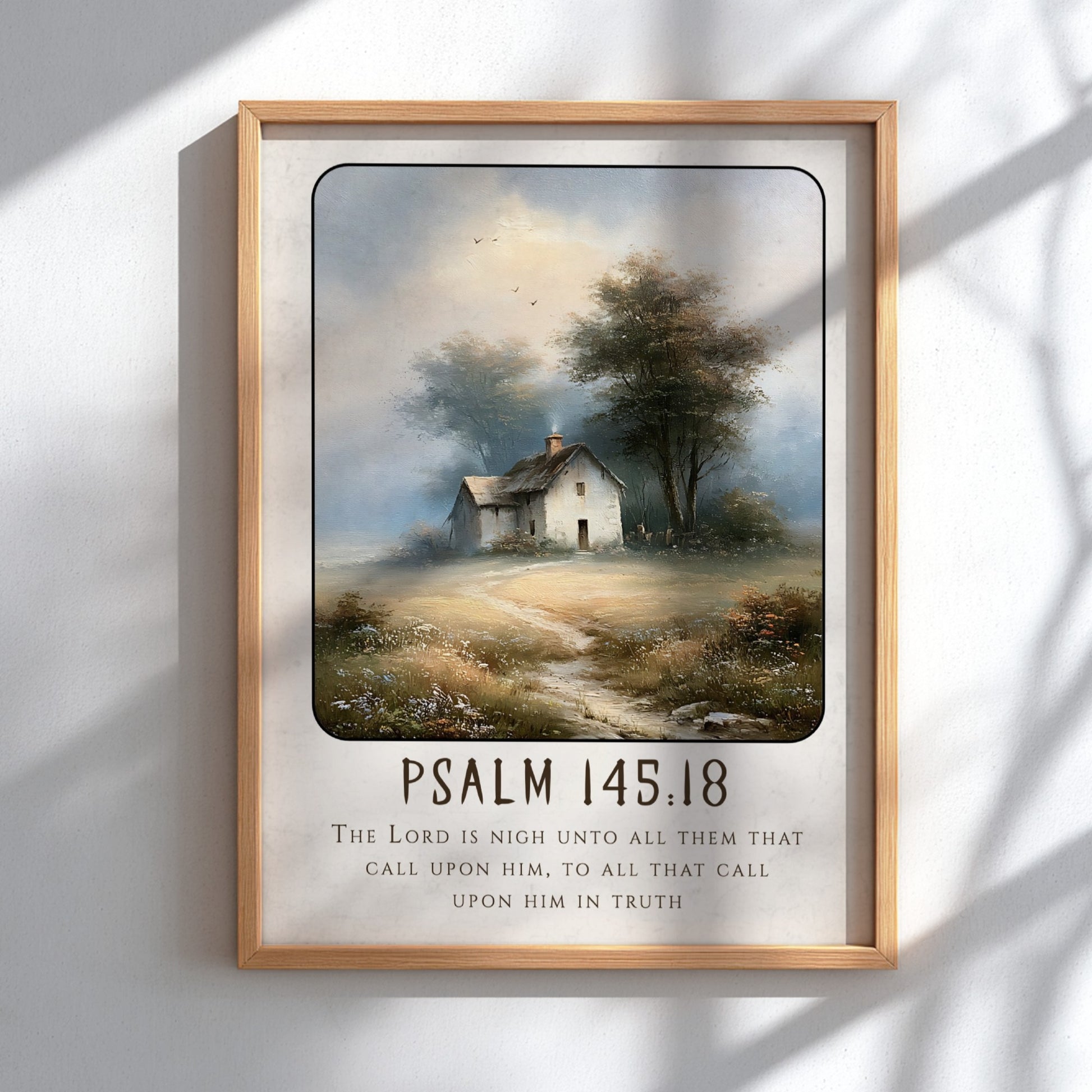 Psalm 145:18 poster featuring a tranquil countryside scene in soft colors, perfect for inspirational wall