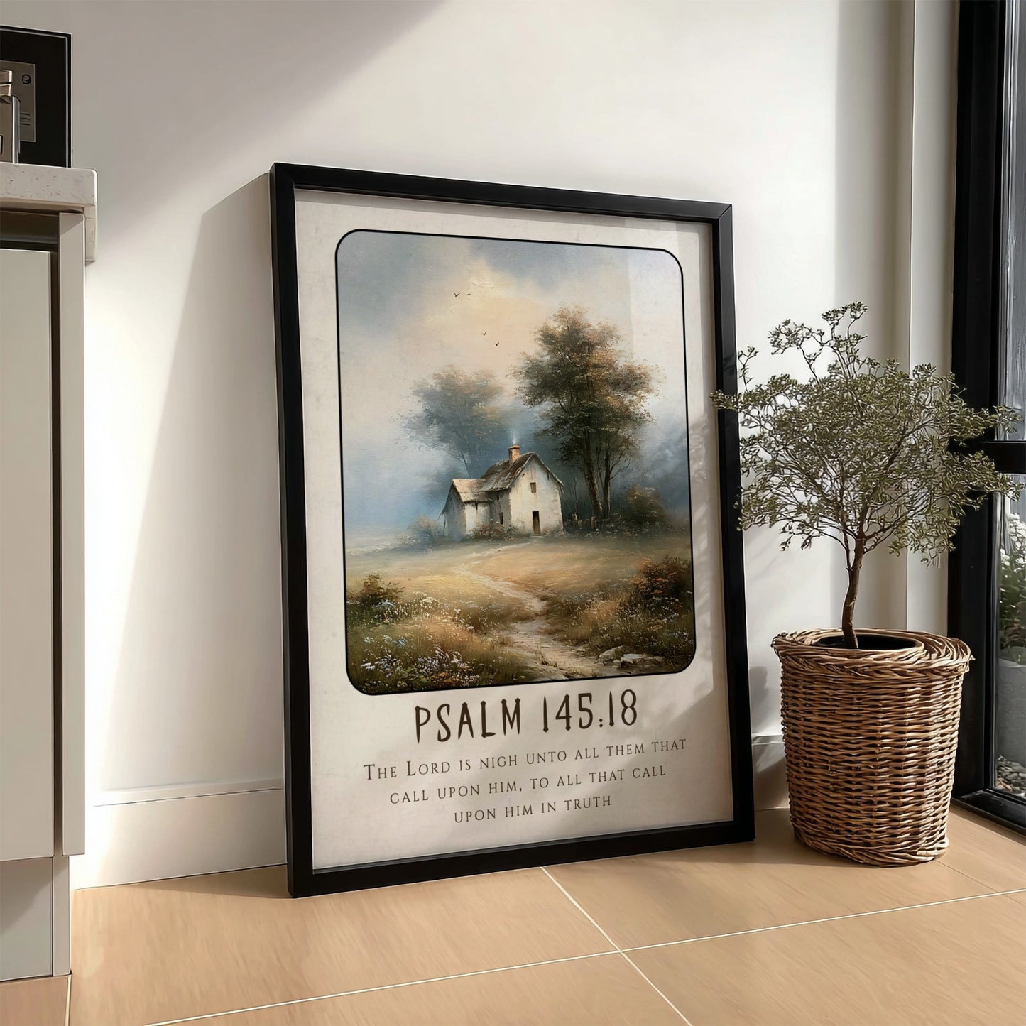 Psalm 145:18 poster featuring a tranquil countryside scene in soft colors, perfect for inspirational wall