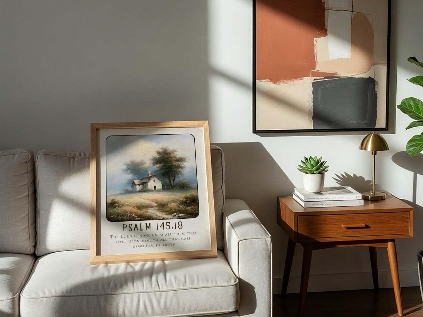 Psalm 145:18 poster featuring a tranquil countryside scene in soft colors, perfect for inspirational wall