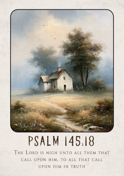 Psalm 145:18 poster featuring a tranquil countryside scene in soft colors, perfect for inspirational wall
