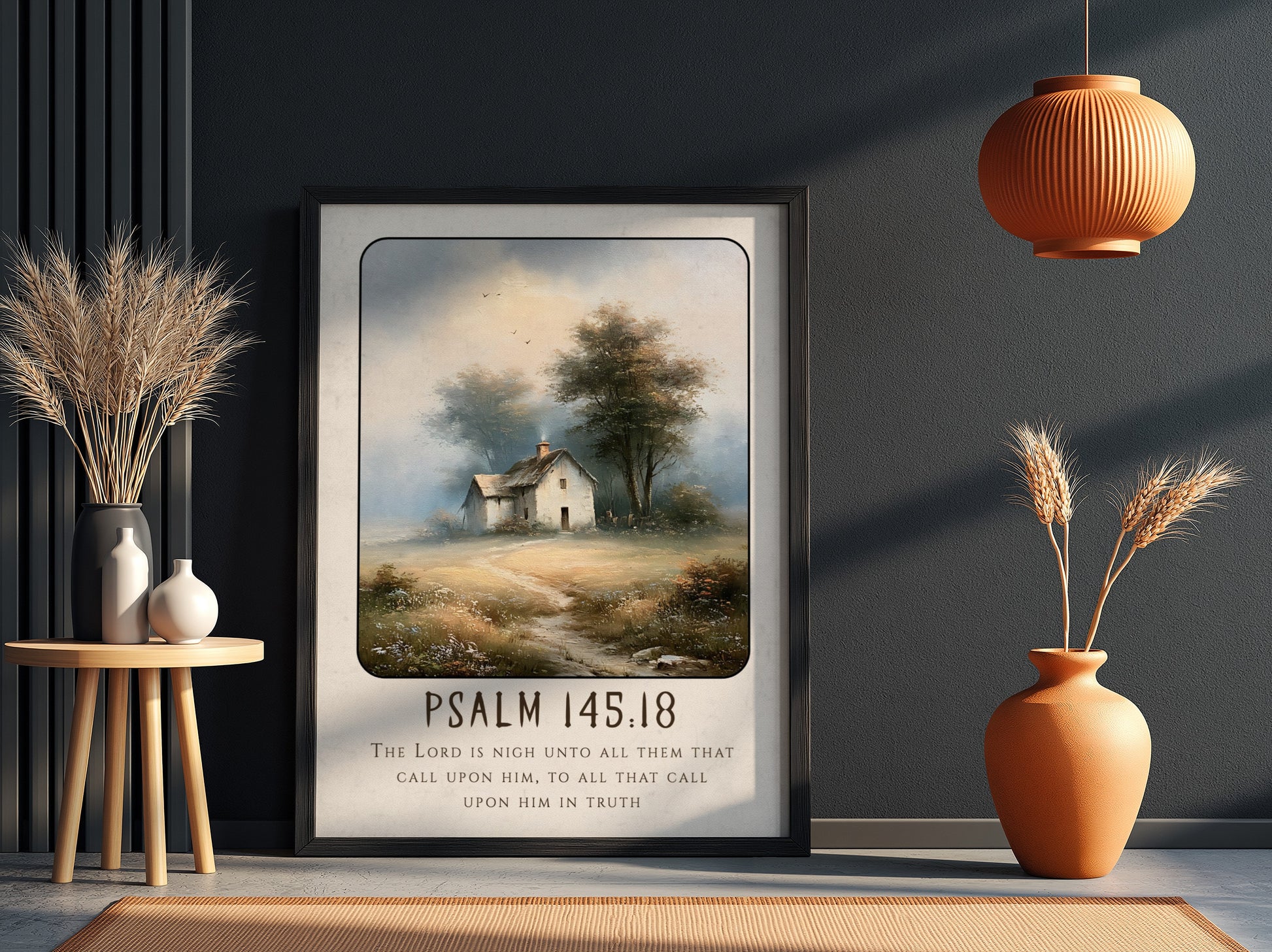 Psalm 145:18 poster featuring a tranquil countryside scene in soft colors, perfect for inspirational wall