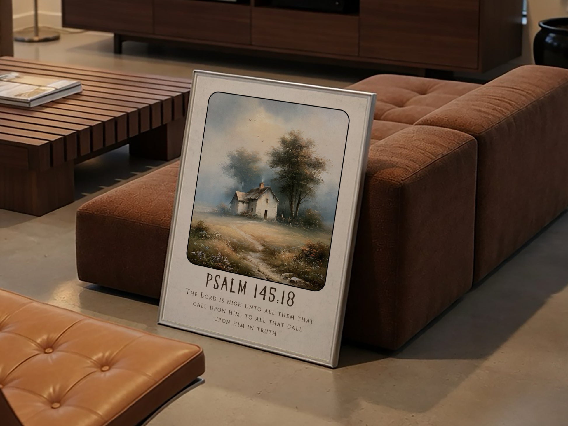 Psalm 145:18 poster featuring a tranquil countryside scene in soft colors, perfect for inspirational wall