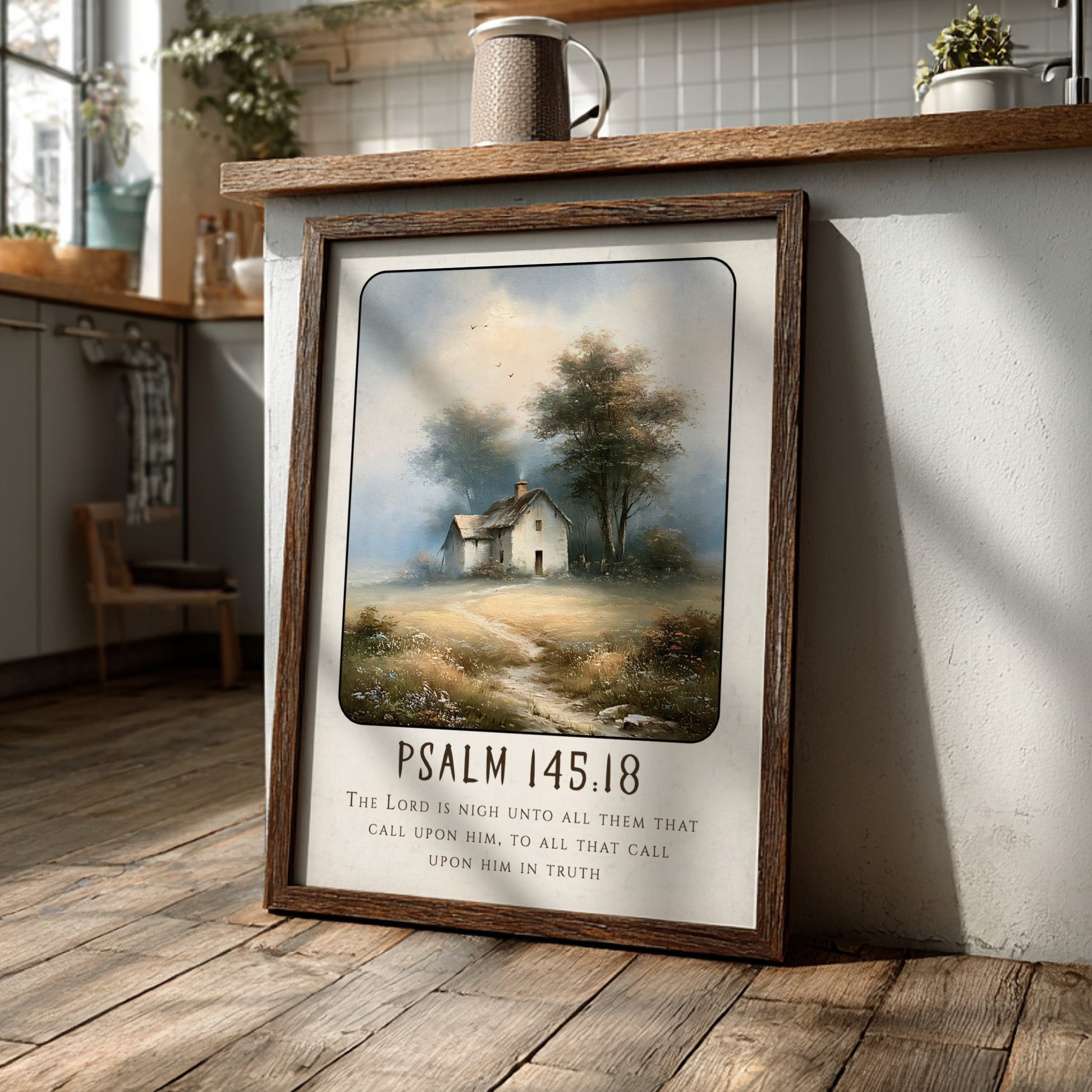 Psalm 145:18 poster featuring a tranquil countryside scene in soft colors, perfect for inspirational wall