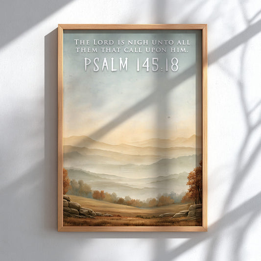 Poster displaying rolling autumn mountains at sunset with The Lord Is Nigh text overlay.