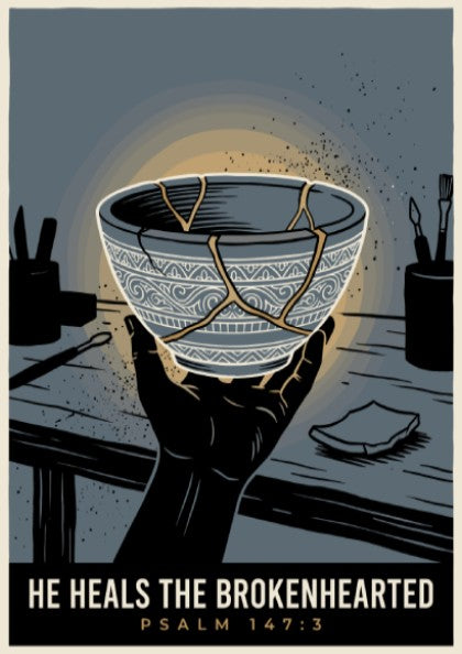Poster displaying a hand holding a kintsugi bowl with gold cracks and text