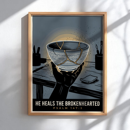 Poster displaying a hand holding a kintsugi bowl with gold cracks and text