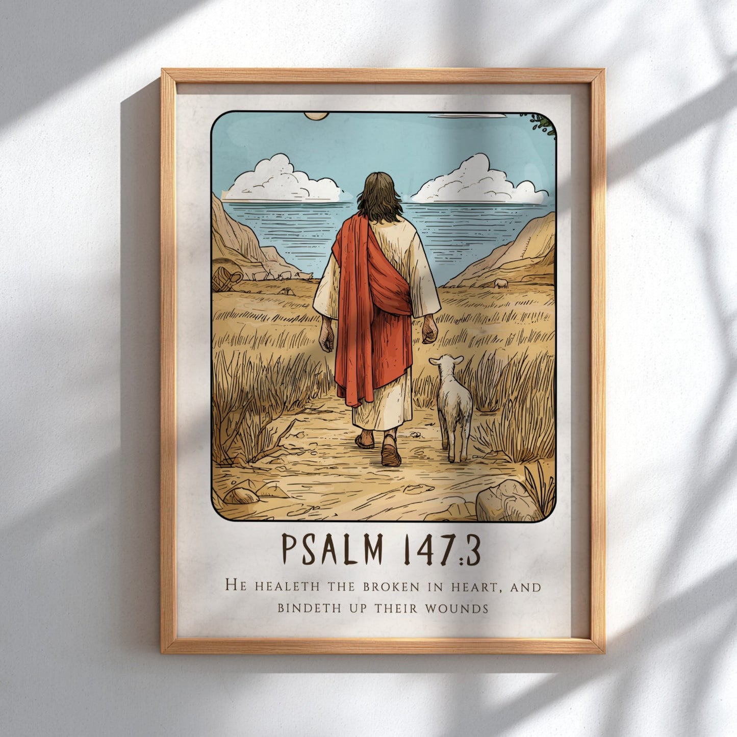 Psalm 147:3 poster featuring a serene landscape and a figure with a sheep, inspirational religious art in