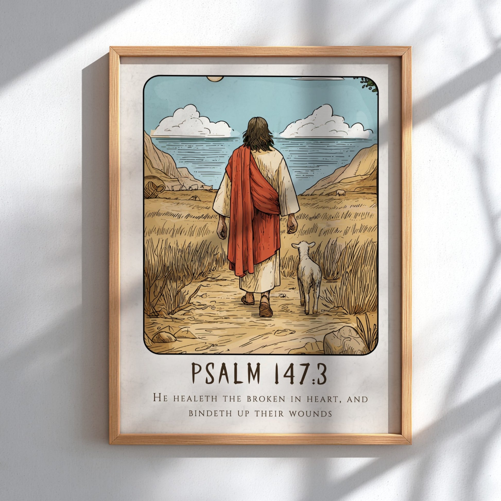 Psalm 147:3 poster featuring a serene landscape and a figure with a sheep, inspirational religious art in
