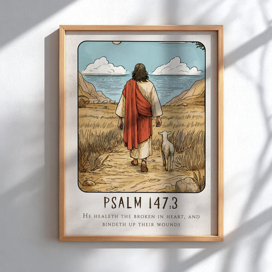 Psalm 147:3 poster featuring a serene landscape and a figure with a sheep, inspirational religious art in