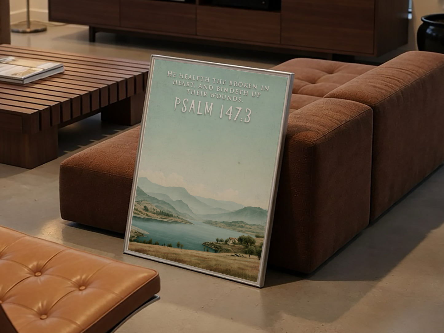 Poster featuring a serene lake and hills with the quote He Healeth the Broken