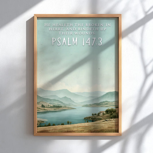 Poster featuring a serene lake and hills with the quote He Healeth the Broken