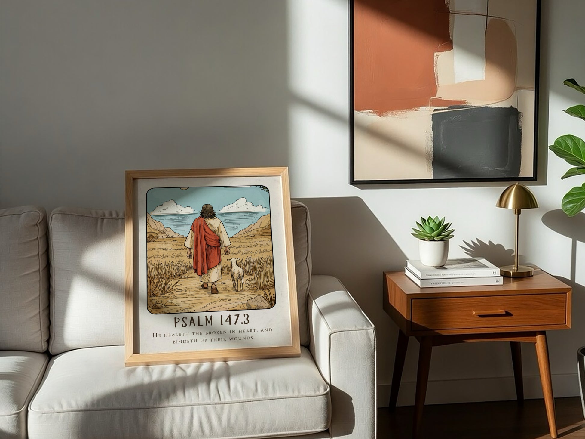 Psalm 147:3 poster featuring a serene landscape and a figure with a sheep, inspirational religious art in