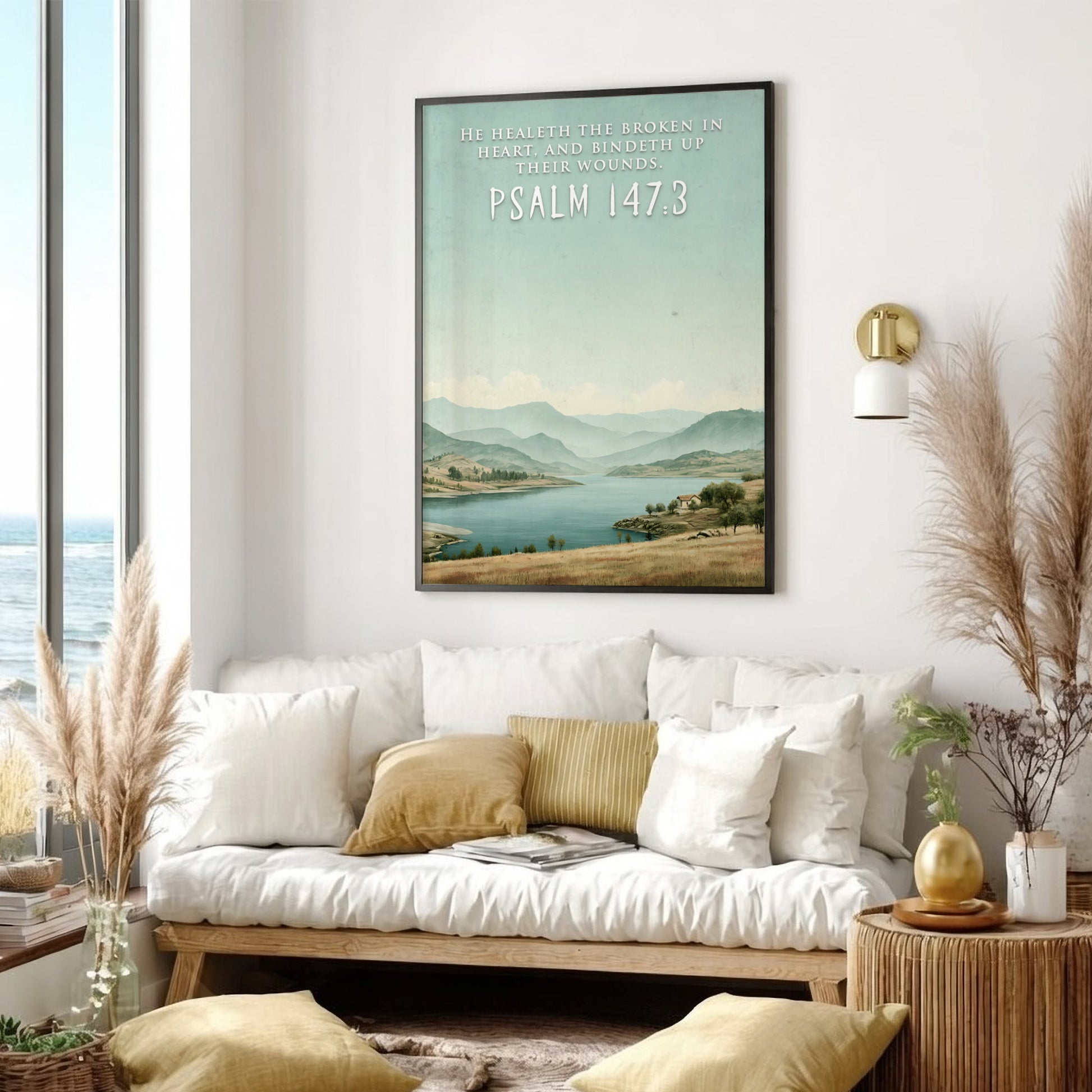 Poster featuring a serene lake and hills with the quote He Healeth the Broken